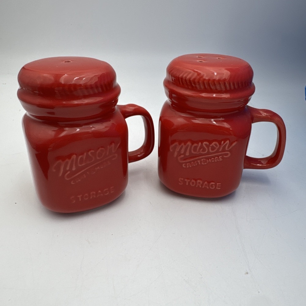 MASON JARS RED CERAMIC SALT PEPPER SHAKERS FARMHOUSE DECOR